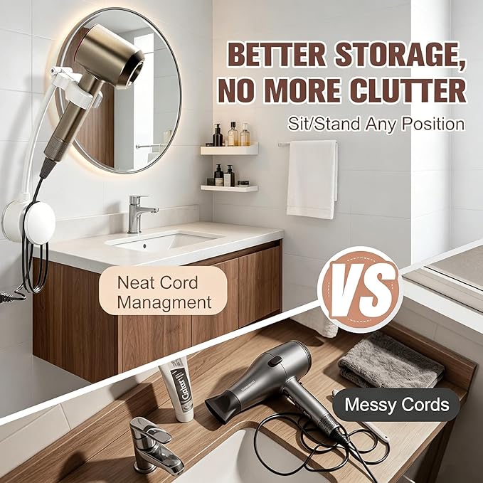 Hair Dryer Holder, Hair Dryer Stand with Adjustable Angle, Wall Mounted Hair Dryer Stand Hands Free with Built-In Adhesive, Suitable for Bathroom Mirror, Side Wall of Washbasin, Bedroom Vanity, Balcony Or Gym