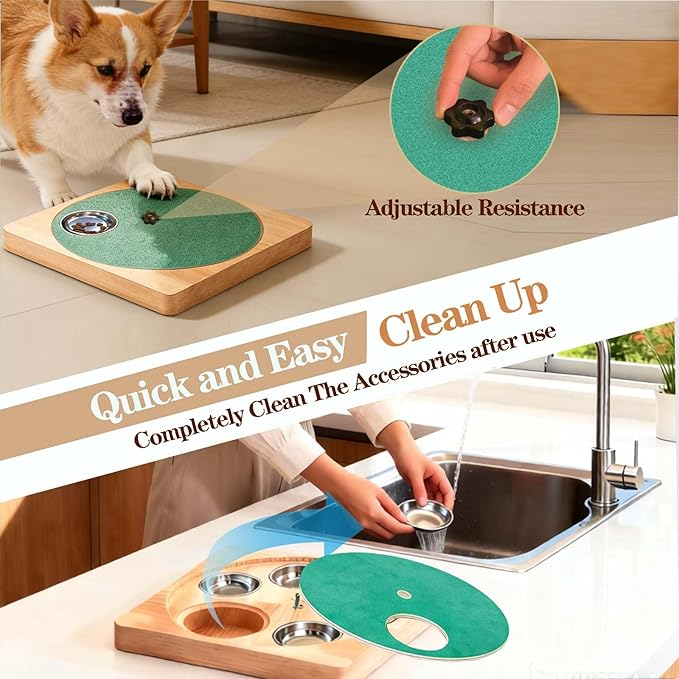 Wooden Interactive Dog Nail Scratch Board - Adjustable Resistance Rotating Style with Stainless Steel Treat Bowls for Stress-Free Paw Care