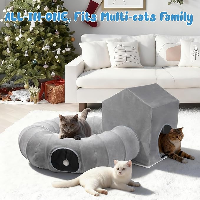 Pawaboo Cat Tunnel Bed for Indoor Cats, Cute Cat Donut Tunnel with Square House, Peekaboo Pet Cave Play Tunnels with Cave for Kitten/Rabbit, Dark Gray