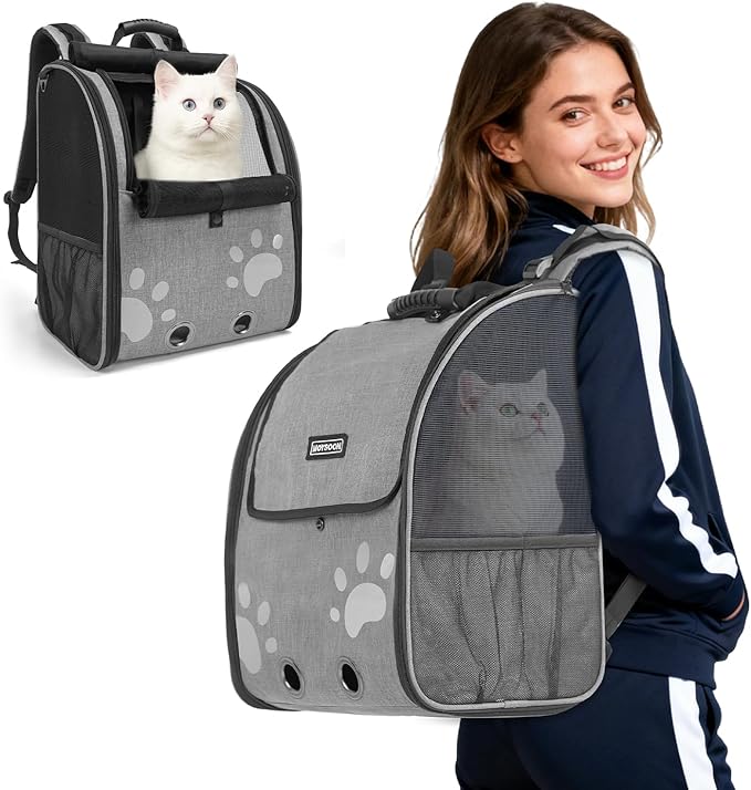 Cat Backpack Carrier with Comfort Handle, Ventilated Cat Backpack with Reflective Strips, with Chest and Shoulder Buckles, Foldable Cat Carrying Backpack for Kitty Small Dog up to 15lbs(Grey).