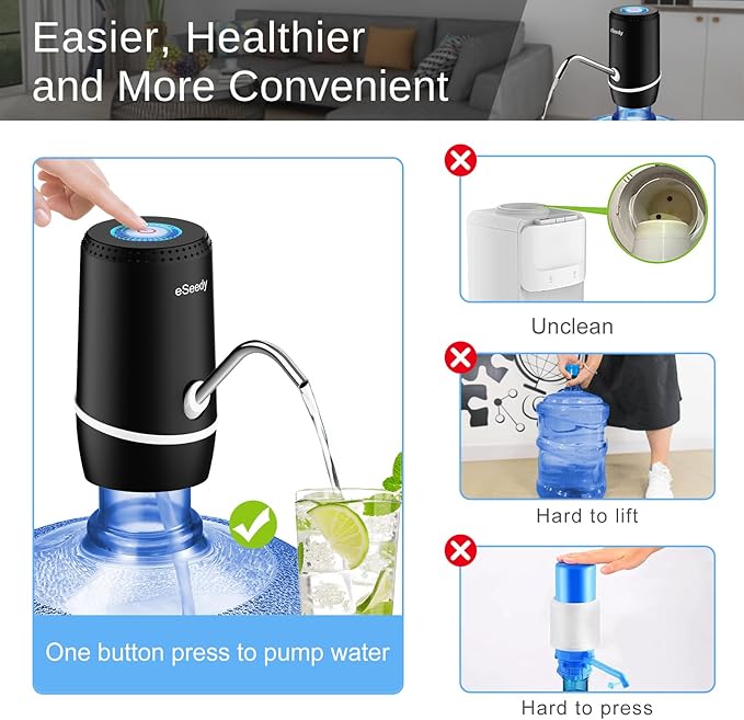 Water Pump for 5 Gallon Bottle, USB Charging Automatic Water Dispenser with Rechargeable Battery, Portable Electric Drinking Water Jug Pump for Home, Kitchen, Living Room, Office, Camping - Black
