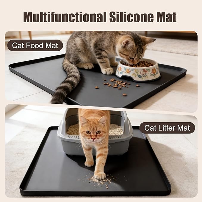 Silicone Cat Litter Mat 24x20 In Waterproof Litter Box Mat Leak-Proof Thick Under Kitty Litter Box Feeding Tray with Raised Edges for Floor Carpet, Black