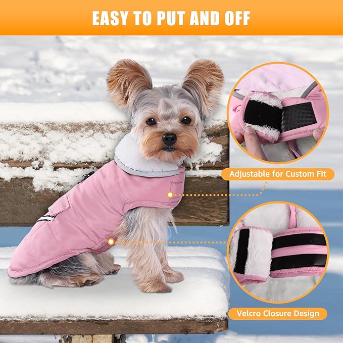 Dog Winter Coat for Extra Small Dogs, Easy on XS Dog Snow Jacket Velcro Waterproof Pet Puffer Clothes with Harness Hole Adjustable Reflective Quilted Dog Cold Weather Vest for Girl 8-12 Pounds