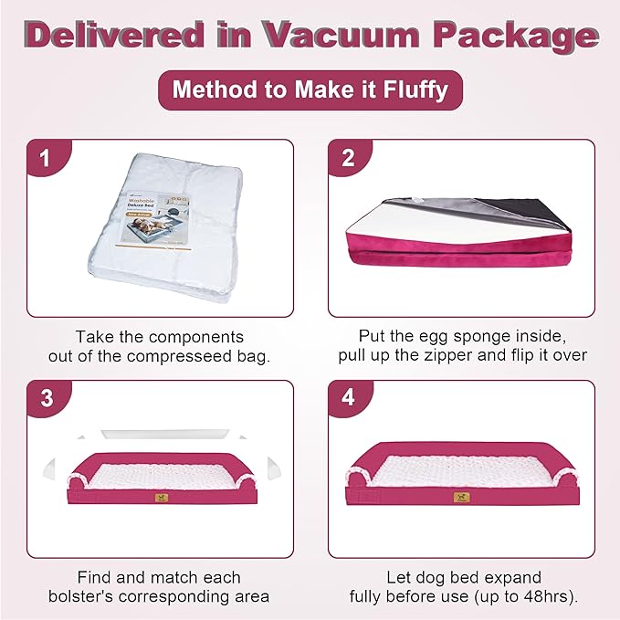 XL Orthopedic Dog Bed - Breathable Egg-Crate Foam Sofa Couch with Bolster, Water-Resistant Liner & Washable Rose Velvet - Ideal for Golden Retrievers, Labradors, Rose Pink(40'' x 28'')