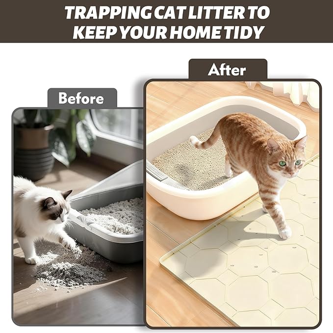 Silicone Cat Litter Mat for Litter Box-28" X 22" Litter Mat for Cat, Waterproof & Leak-Proof Trapping Design, Non-Slip Durable Easy to clean (Beige)