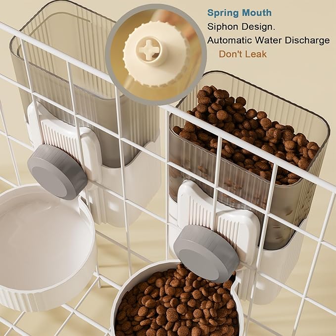 Lemtrflo Rabbit Feeder for Cage,Hanging Automatic Cat Feeder and Water Dispenser,Ferret Cage Accessories,Food Water Bowl for Cats Rabbit Guinea Pig Cages(Cage Grid Spacing Over 1.2'')
