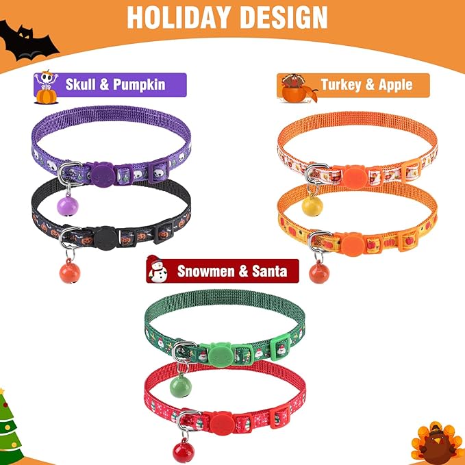 PUPTECK Cat Collar Breakaway with Bells, Kitten Collar Outfit Adjustable for Girl Boy Small Pet Puppy Bunny, Cute Costume Accessory with Safety Release Buckle (Holiday 6pcs)