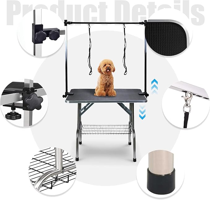 42 Inch Professional Adjustable Pet Grooming Table Heavy Duty with Arm Noose & Mesh Tray for Dog Cat Shower Table Maximum Capacity Up to 265Lb, Black