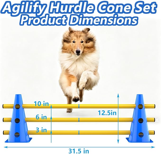 Dog Agility Hurdle Cone Set, Adjustable Height Dog Agility Course for Backyard Training, 12 Cones with PVC Crossbar, 3 Height Levels (12 Pack)