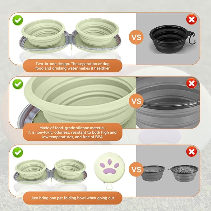 Collapsible 2-in-1 Dog Bowls: Leakproof Double Silicone Food & Water Bowl for Travel, Camping, Hiking - Portable Cat & Dog Feeding Supplies (Beige)