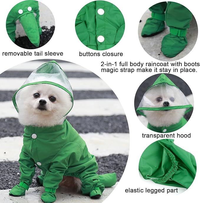 Zunea Waterproof Dog Raincoat with Hood for Small Dogs Rain Poncho Jumpsuit with Rain Boots Puppy Hooded Slicker Rainwear Four-Legged Pet Rain Jacket for Walking Green XXL