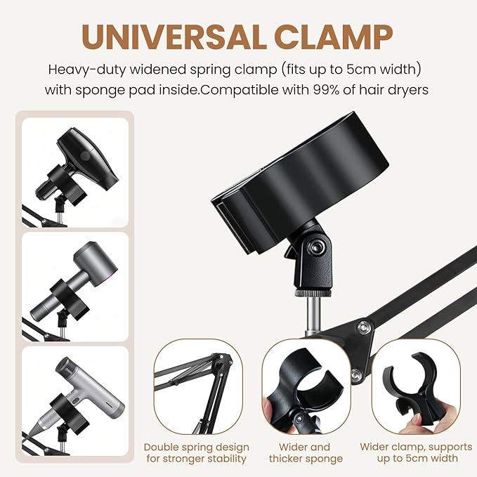 Hands Free Hair Dryer Stand, 67in / 170cm Adjustable Height Hair Dryer Holder with Heavy Base, 360° Rotating Blow Dryer Holder for Bathroom, Makeup Room, Vanity, Salon, Black