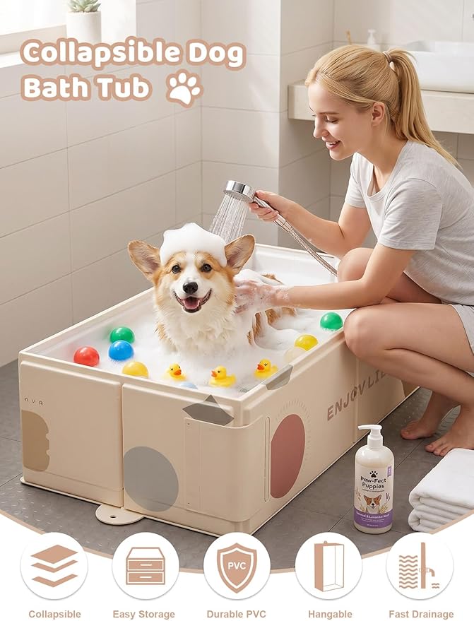 Collapsible Pet Bathtub with Side Drain Plug,Easy Hanging, Foldable Portable Tub for Dogs Bath, Non-Slip Rigid Waterproof Dog Bath Tub for Home, for Small Dogs, Medium Dogs & Cats (Apricot2)