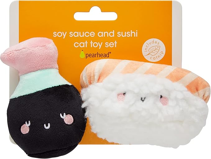 Pearhead Pet Interactive Plush, Chew, and Catnip Sushi & Soy Sauce Cat Toys, Set of 2, Owner Playtime Accessory, Must Have Kitten Accessories