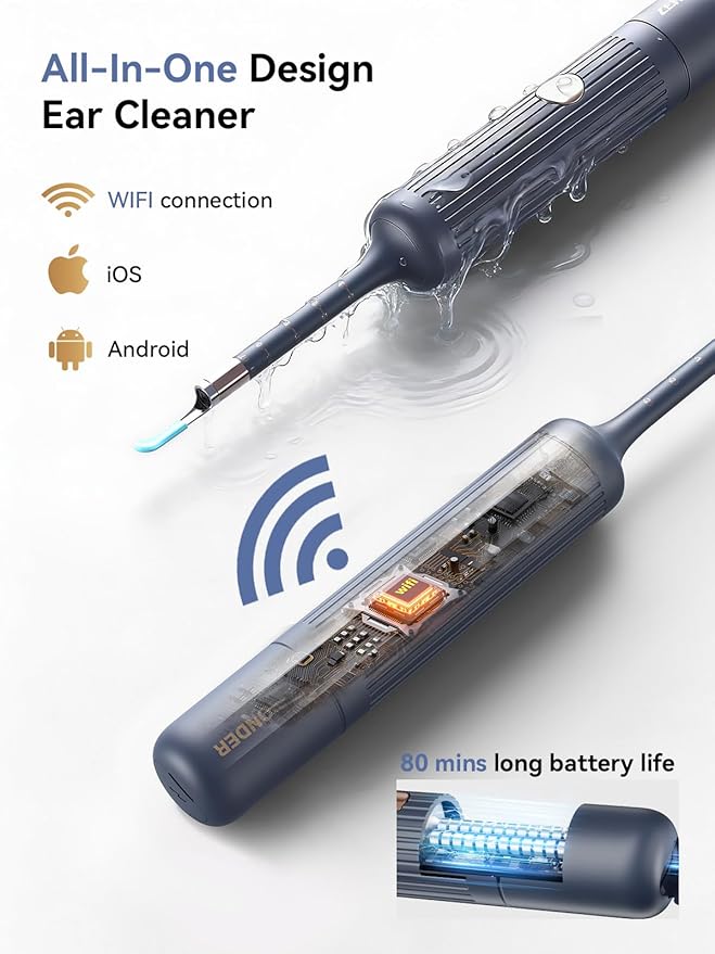 Ear Wax Removal Tool Camera: ZERONDER I35R Ear Cleaner with Flexible Ear Camera Otoscope - Visual Ear Pick Tweezers Wax Remover - Ear Cleaning Kit for Family