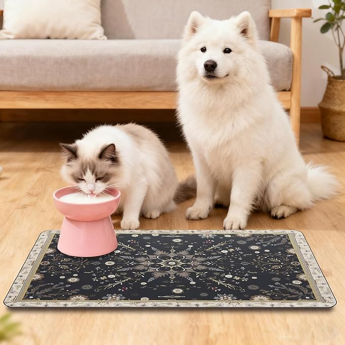 Cat Feeding Mat Vintage Pet Food Mats Black Retro Pattern Rectangle Diatomaceous Earth Absorbent Quick Dry Pet Feeding Placemat Protect Floors for Food and Water Bowl Supplies 20 x 12 Inch