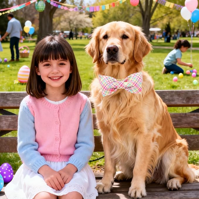 DOGWONG Easer Dog Collar with Bow,Colorful Plaid Dog Collar, Adjustable Durable Soft Easter Dog Collars for Male Female Dogs,S