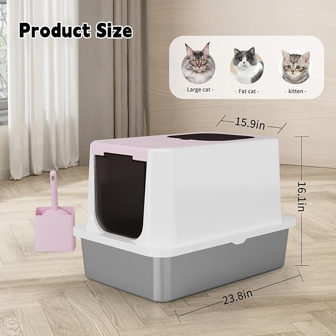 RIZZARI Extra Large Enclosed Cat Litter Box – Pink Stainless Steel Top Entry Litter Pan with Anti-Leak Design, Non-Stick Easy-Clean Surface & Odor Control for Indoor Spaces