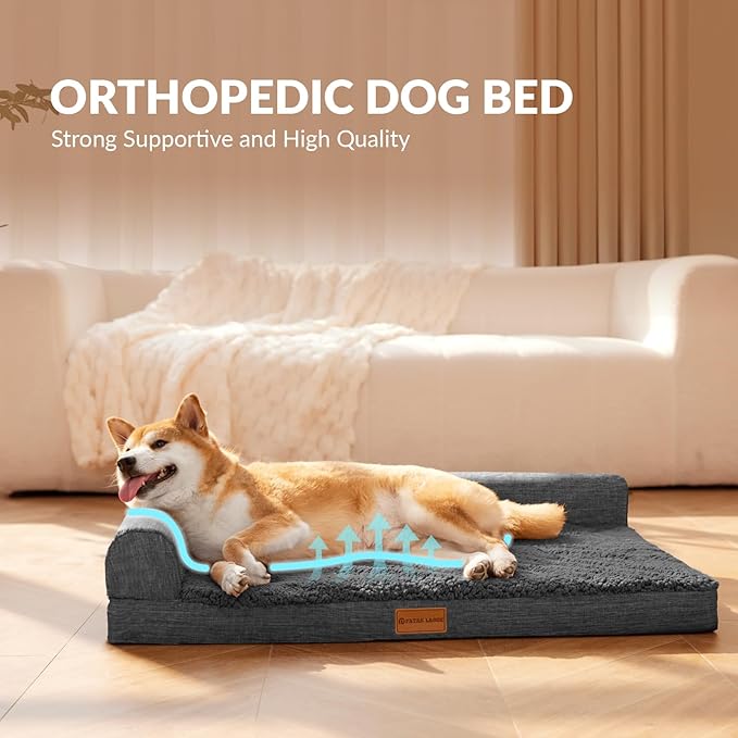 Patas Lague Orthopedic Dog Bed Medium Size Dog 30''X20'', Waterproof L Bolster Medium Pet Sofa Beds with Removable Washable Cover, Soft Comfortable Pet Couch Crate Mat with Nonskid Bottom, Dark Grey