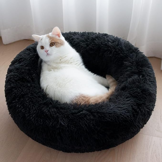 Patas Lague Calming Dog Bed for Medium Dogs, Fluffy Soft Cozy Cat Bed, Faux Fur Anti-Anxiety Plush Washable Pet Donut Cuddler for All Seasons 24IN, Black