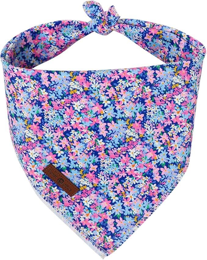 Lionet Paws Spring Summer Oxalis Dog Bandana Washable Cotton Handkerchief Scarf Triangle Blue Flower Bandana for Small Medium Dogs Girl Boy
