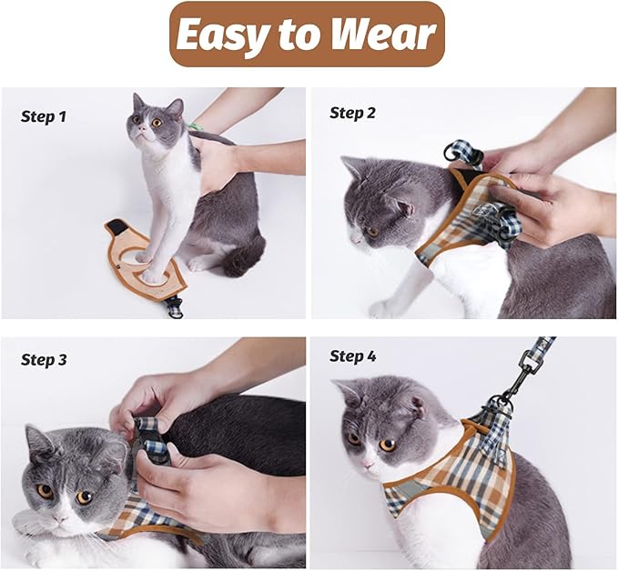 FAYOGOO Cat Harness and Leash Set (BrownBlueplaid, M(Chest 10-12"))