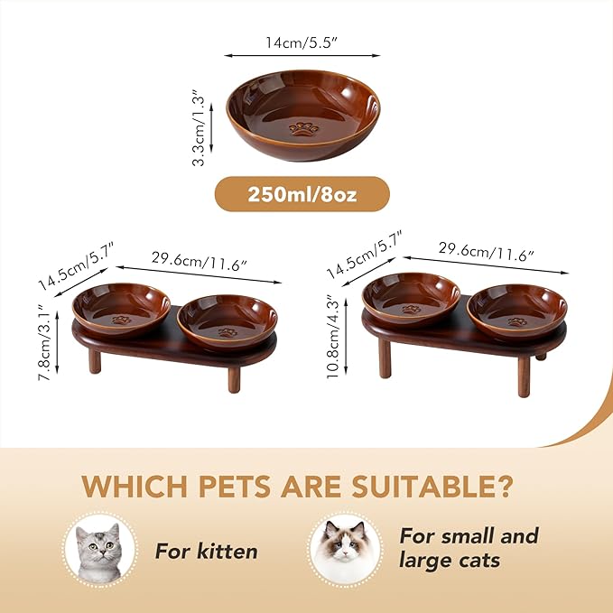 Havniva Elevated Cat Bowls Raised Ceramic Cat Bowl, 5.9” Wide Opening Cat Food Bowl Whisker Friendly Cat Dish Anti-Slip with Wood Stand, Shallow Pet Food & Water Bowl for Indoor Cats