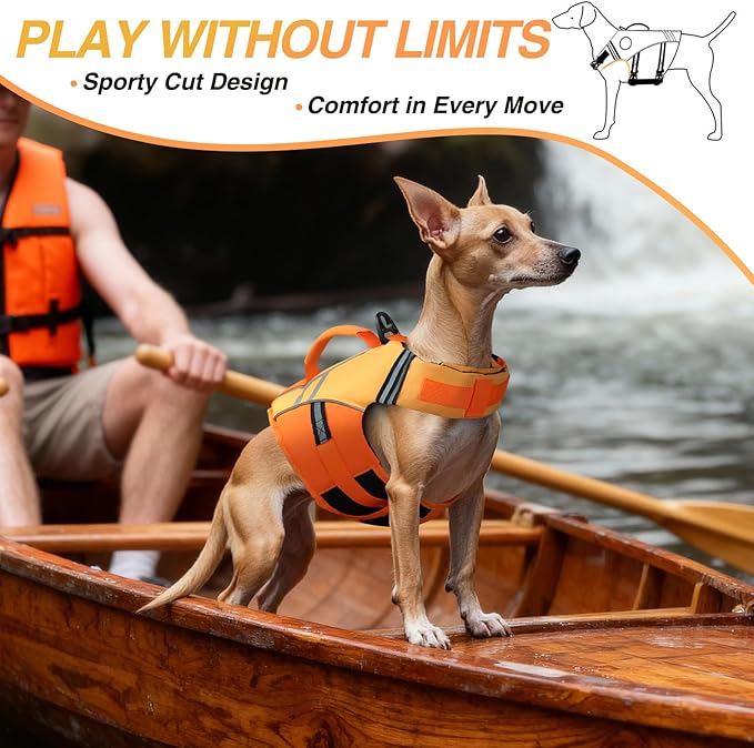 VIVAGLORY Sports Style Dog Life Vest, Dog Life Jacket for Swimming & Boating, Ripstop & Buoyancy for Puppy Doggy, Lifejacket with Handle, XS, Dark Orange