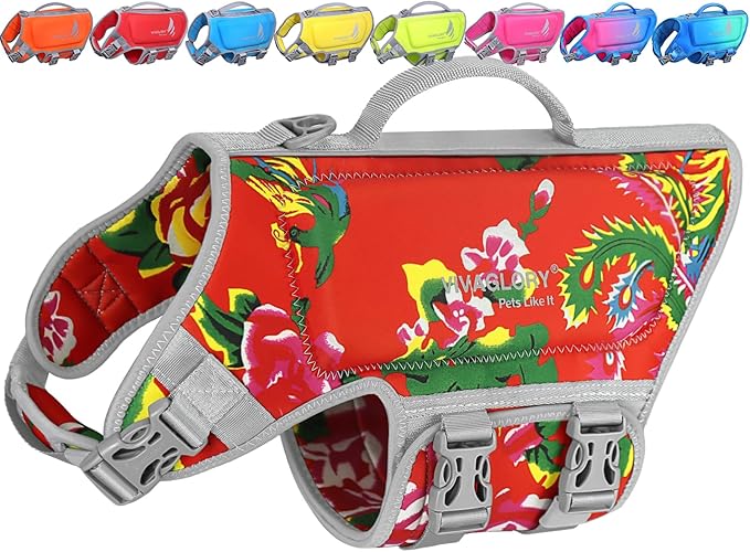 VIVAGLORY High Buoyancy Dog Life Vest, Swimming Vest with Handle, Dog Life Jacket for Swimming & Boating, Buoyancy for Puppy Doggy, XS, Northeast Florals-Red