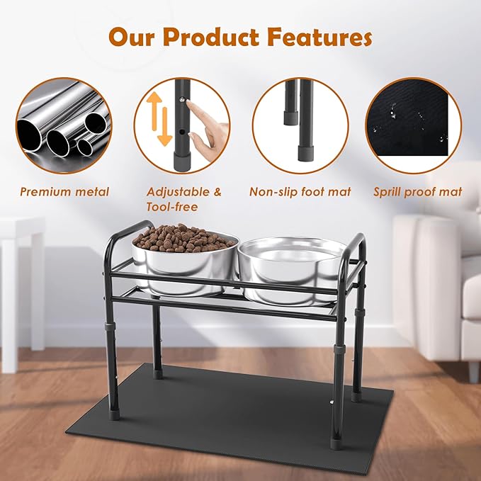 ADENGL Raised Dog Bowl Stand for XLarge & Large Dogs,Table Steel Frame Elevated Dog Bowls Stand with Mat,Non-Slip No Spill,Adjusts to 4 Heights 8.7-13.4", Holds 6-8.7" Diameter Bowl(Bowl Not Included)