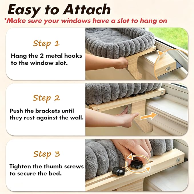 Zoratoo Cloud-Cuddle Cat Perch for Window Sill with Bolster, Natural Wood & Metal Frame Cat Window Seat for Large Cats, Easy to Adjust Zipper Cushion Pet Bed for Windowsill (Large, Gray)