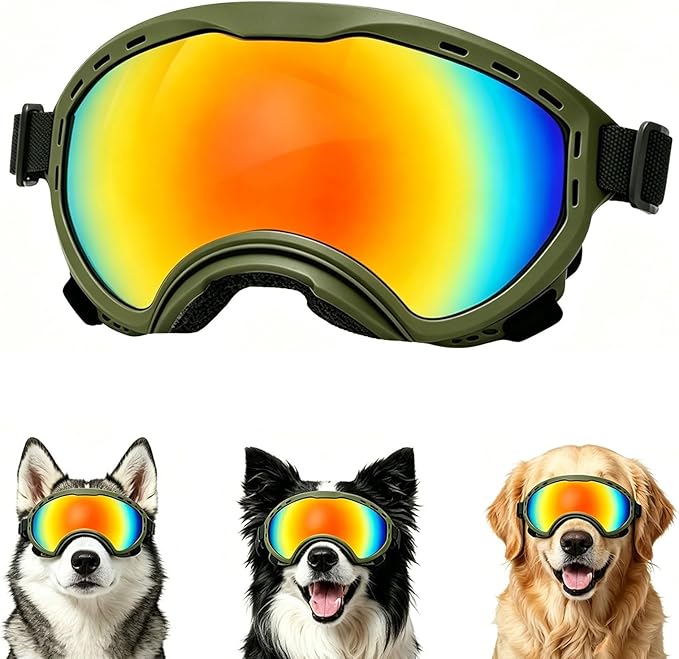 Dog Goggles for Medium to Large Breeds, UV Protection Dog Sunglasses with Colored PC Lens, Soft TPU Frame and Adjustable Straps, Windproof Dustproof Anti-Fog Pet Eyewear for Outdoor Activities (Green)