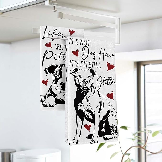 Funny Pitbull Dog Kitchen Dish Towels Set of 2, Life is Better with a Pitbull Drying Hand Towel Baking Cooking Cloth, Red Hearts Bathroom Home Decoration Gifts for Pet Dog Owner Lover 18''x26''