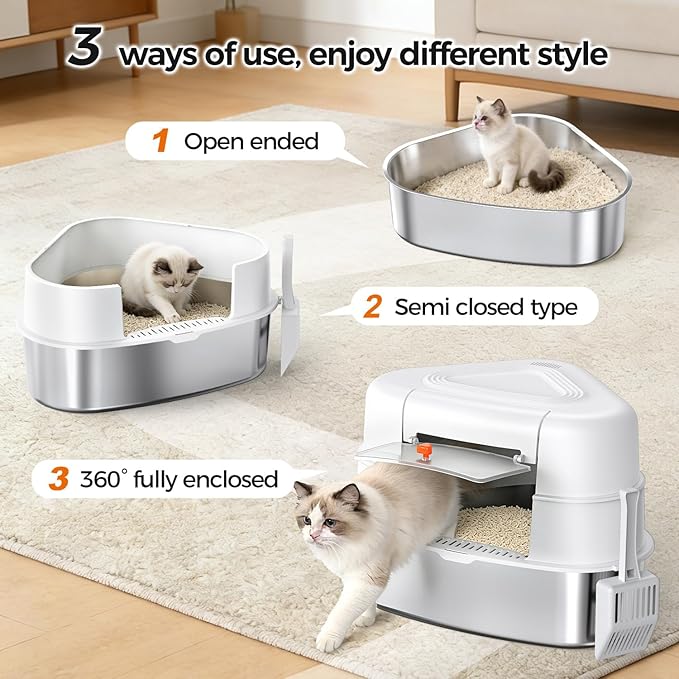 Chumajor XXL Stainless Steel Corner Cat Litter Box with Lid - Sturdy, No Odor & Space-Saving Hidden Design for Large Cats, White