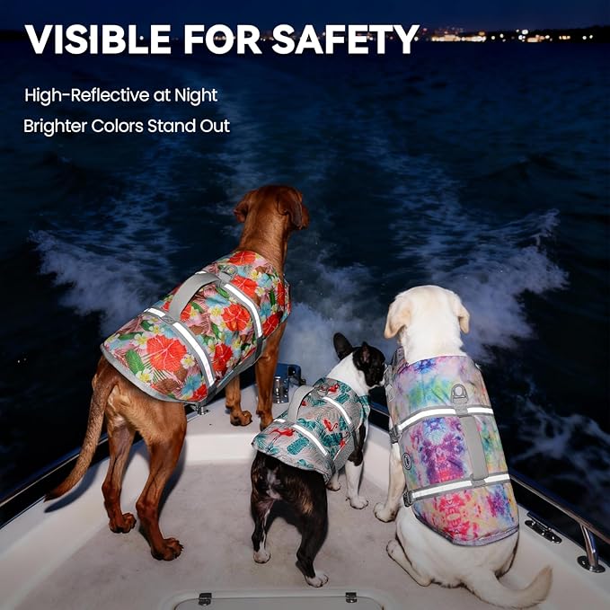 VIVAGLORY Rip Stop Dog Life Vest, Swimming Vest with Handle, Buoyancy for Doggy Puppy, Dog Life Jacket for Swimming & Boating, XS, Leaves Blue