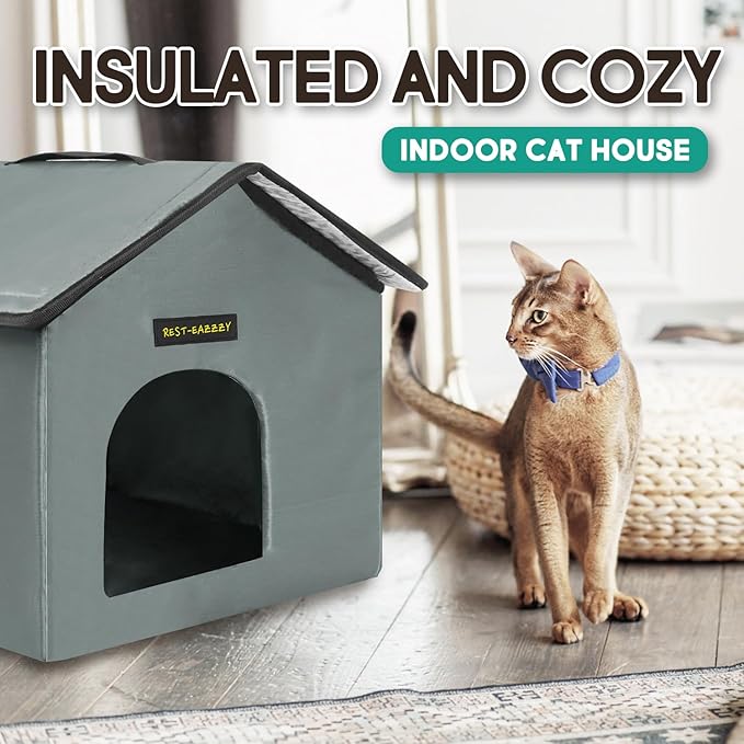 Rest-Eazzzy Cat House for Outdoor Cats, Weatherproof and Insulated Feral Cat House with Mat and Clip, Easy to Put Together, Selfwarming Cat Shelter for Summer, Never Blow Away (Grey, House X 2)