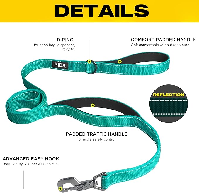 Fida 4 FT Heavy Duty Dog Leash with 2 Comfortable Padded Handles, Traffic Handle & Advanced Easy Snap Hook, Reflective Walking Lead for Large, Medium & Small Breed Dogs, Teal