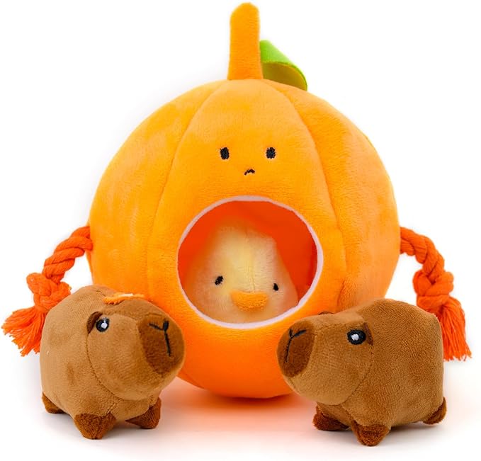 MewaJump Hide and Seek Small Dog Toys, Squeaky Dog Plush Toys for Small Dog, Pumpkin and Animal Crinkle Plush Stuffed Dog Toy, Small Puppy Cat Toy Set to Keep Them Busy