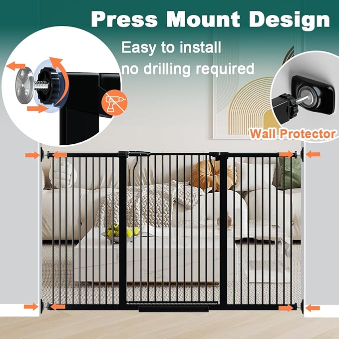 Fairy Baby 40.5" Extra Tall Baby Gate Pressure Mounted, 60.3"-65.7" Extra Wide Dog Gate Indoor for the House Doorway, Metal Safety Child Gate for Kids, Auto Close Swing Pet Gate for Stairs, Black