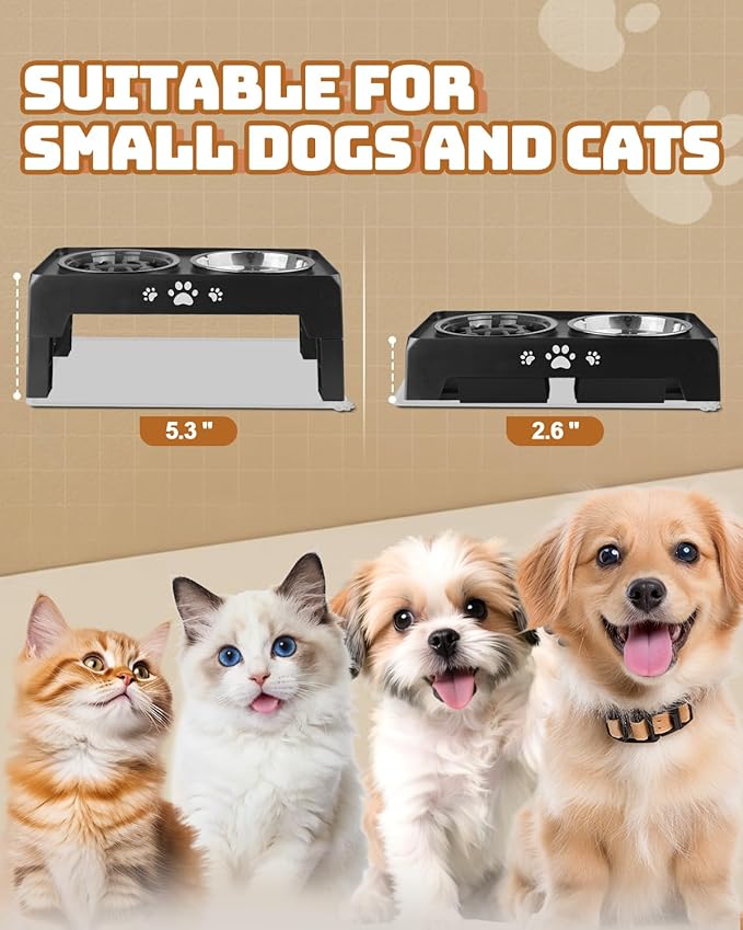Jovrun Elevated Dog Bowls for Small Dogs and Cats with Mat, Non-Slip Cat Bowls with 1*Stainless Steel Dishes & 1*Slow Feeder Bowl, Dog Feeder 2 Heights Adjustable to 2.6"-5.3"