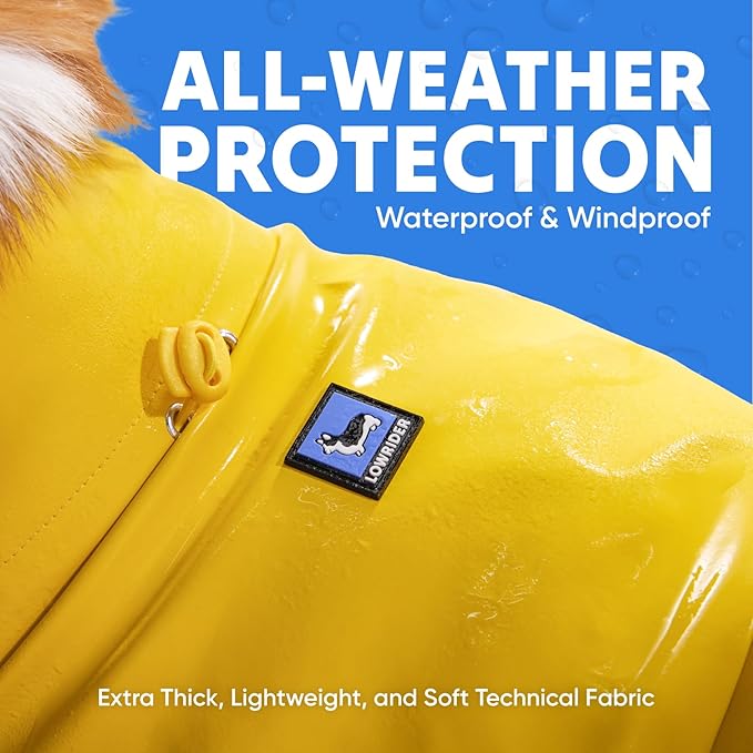 LOWRIDER Dog Raincoat- Adjustable Waterproof, Windproof, and Lightweight All Weather Rain Jacket and Poncho with Reflective Stripes, Yellow (Medium)