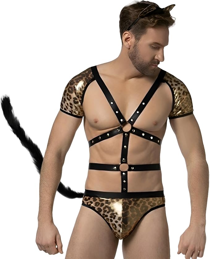 Men's Sexy Leopard Costume - 2-Piece Wild Cat Roleplay Lingerie Set, Studded Chest Harness Bodysuit with Long Tail & Ear Headband - Exotic Kitten Outfit for Bedtime, Clubwear & Pride
