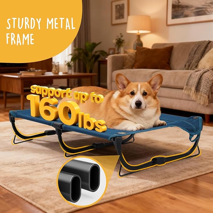 CANINE CANYON Daisy Cot, Medium Foldable Elevated Dog Bed, Portable Raised Outdoor Folding Dog Cot, Cooling, Chew Proof, Waterproof, Heavy Duty Up to 160 Lbs for Camping/Home, Dark Blue, 32"x 19"x6"