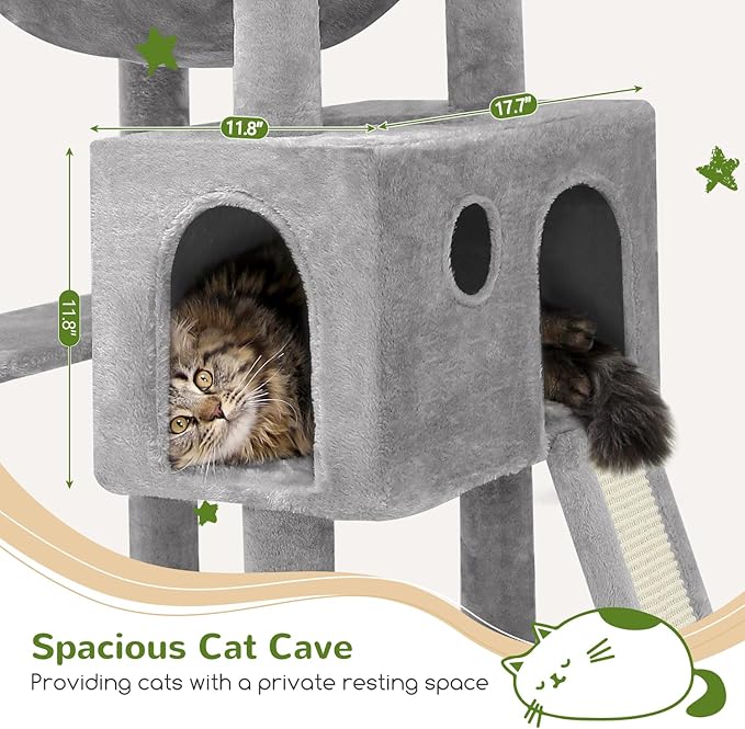 Globlazer Heavy Duty Cat Tree, 70 inch Sturdy Cat Tree for Indoor Cats Extra Large Cat Tower with Scratching Post, Hammock, Cat Condo for Adult Cats Kittens, F70 Pro, Light Grey