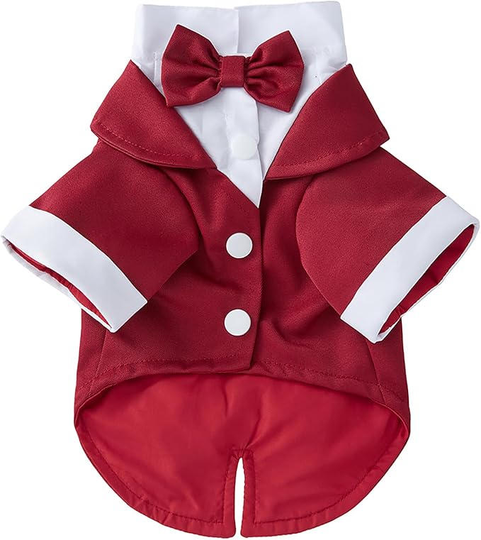 GabeFish Pets Wedding Jackets Suit for Dogs with Bow Tie Puppy Cat Formal Clothes Shirt Tuxedo (Red, S (Chest 12.9in/33cm))