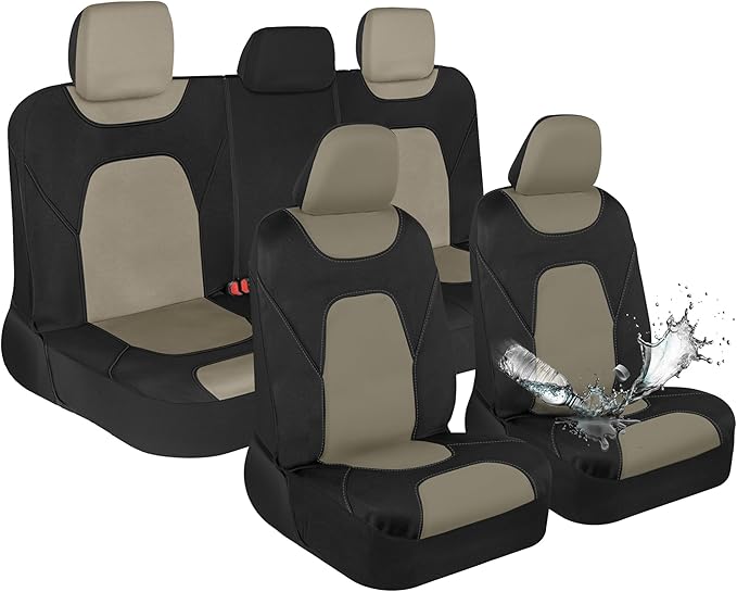 Motor Trend Waterproof Car Seat Covers Full Set – Black & Beige Seat Covers for Car Front & 60/40 Split Back Bench - Carseat Cover for Trucks, SUV - Universal Fit for Most Regular Size Vehicles