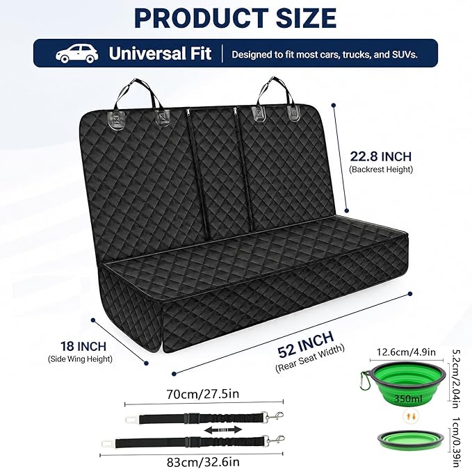 SNZ Dog Car Seat Cover for Back Seat, 100% Waterproof Pet Seat Protector, 600D Heavy Duty Bench Backseat Covers for Dogs, Scratch Proof Nonslip for Cars, Trucks, and SUVs