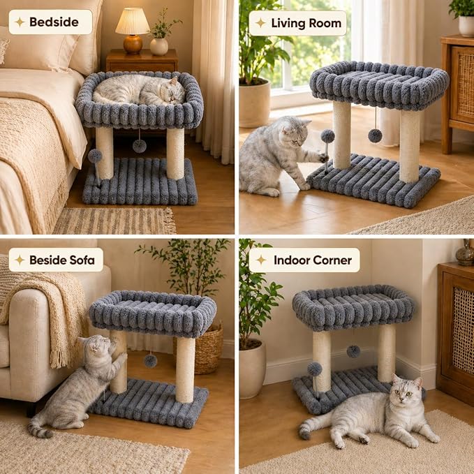 Cat Tree with Cat Scratching Post for Indoor Cats,Small Cat Tower with Soft Large Perch Bed Sisal Scratcher for Medium Cats and Kitten,Activity Play Centre Spring & Hanging Toy Balls,Grey