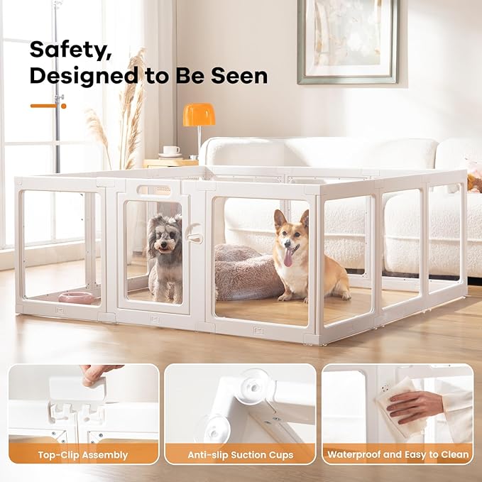 Clear Acrylic Dog Playpen Indoor, Puppy Cat Small Pet Play Pen, Pet Cat Playpen for Rabbits, Dog Fence Crate Kennel Whelping Cage (White, 8 Panel)