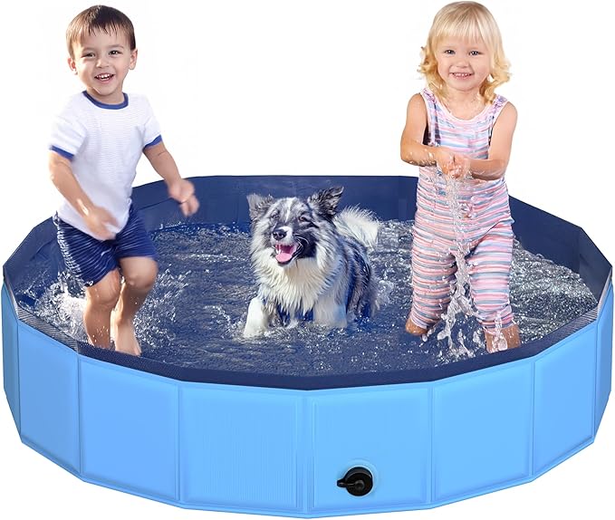 CACSPS 55.1" x 12" Foldable Dog Pool - Collapsible Hard Plastic Kiddie Pool for Dogs & Kids, Non-Slip Pet Bath Tub for Outdoor Backyard Use, Lightweight & Portable (Blue)